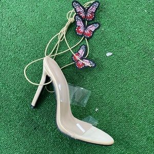 Beige butterfly lace up heels